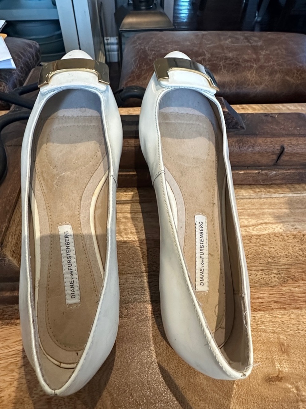 Diane Von Furstenberg Ivory Leather Ballet Flats with Gold Buckle